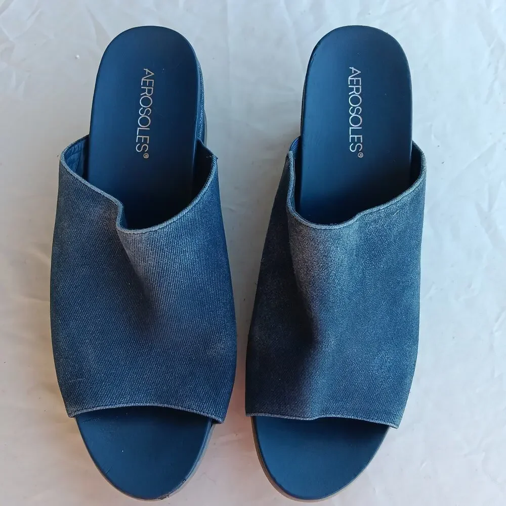 Aerosoles Sandals Women's 11 M Leather Upper Blue Suede Demin Wedge Heel